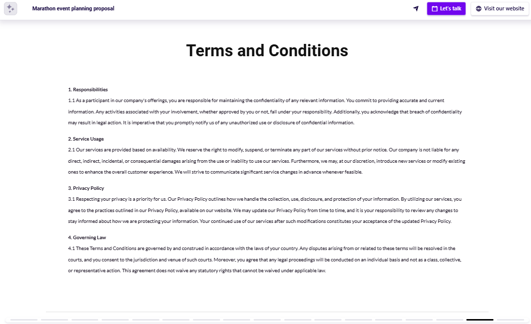 Sports event planning proposal terms and conditions slide example