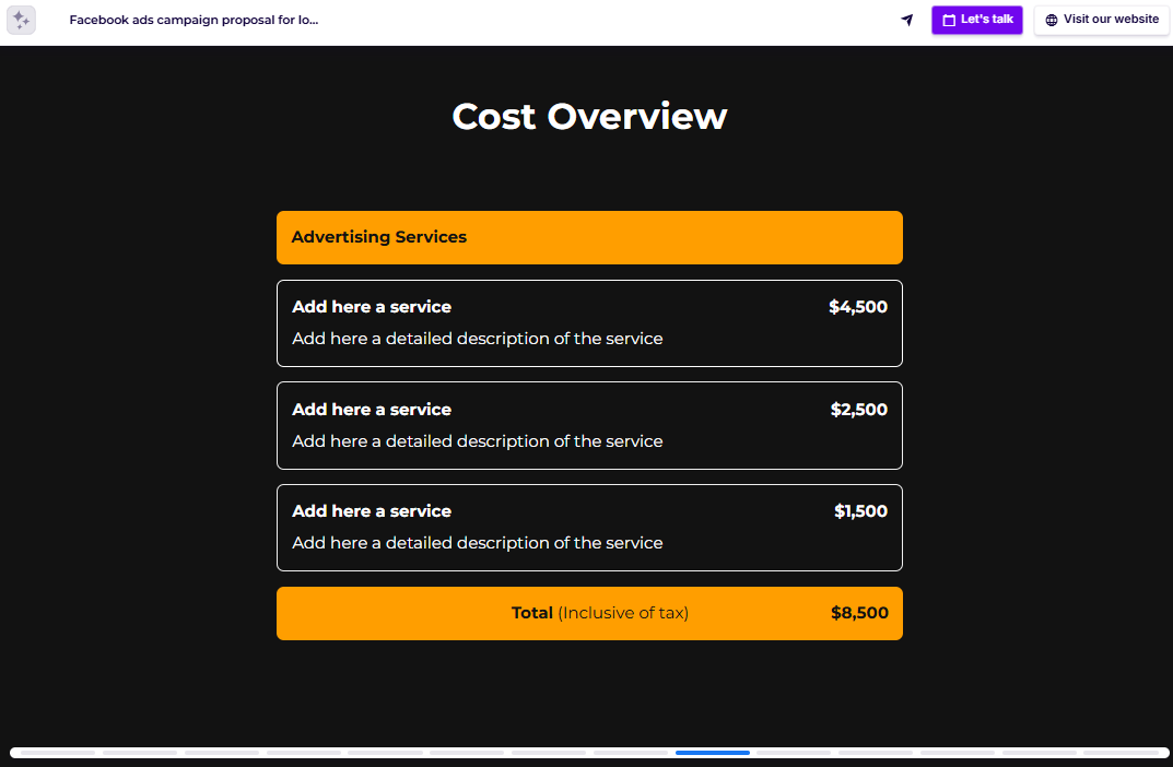 Facebook ad proposal pricing slide example