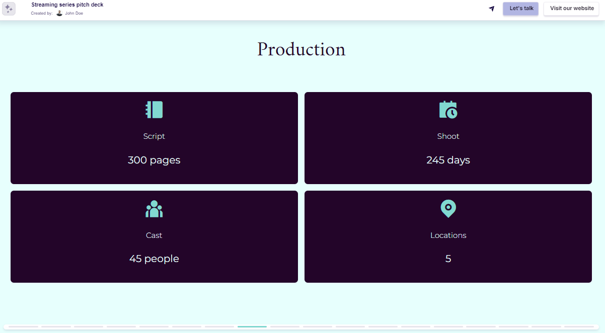 TV show pitch deck production details slide example