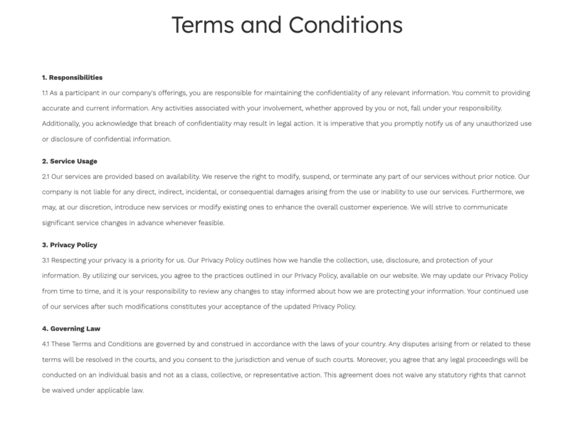 RFI response Terms and Conditions slide example