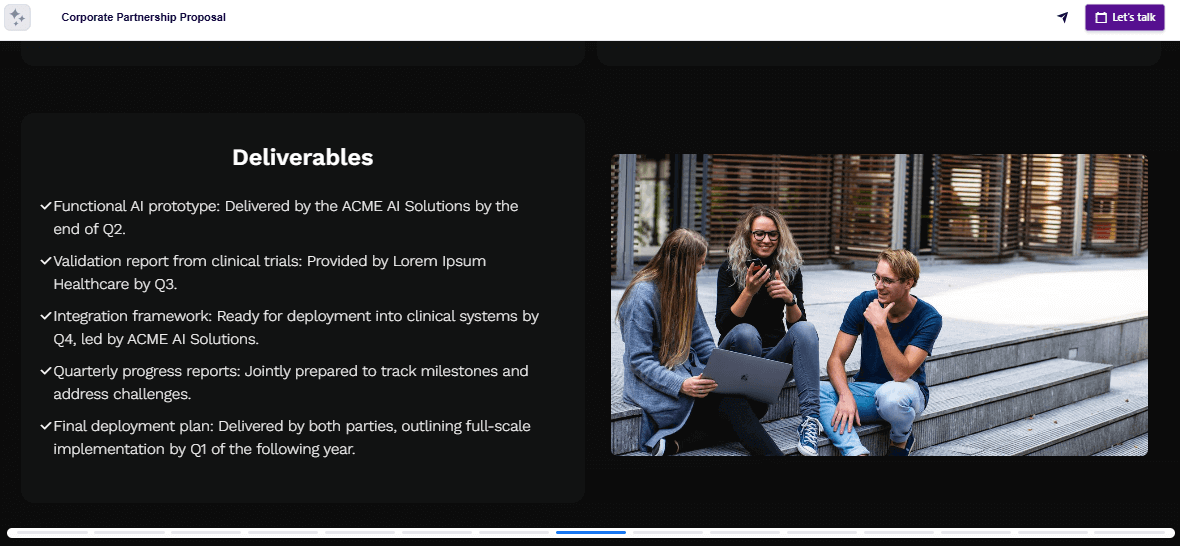Business partnership proposal deliverables slide example