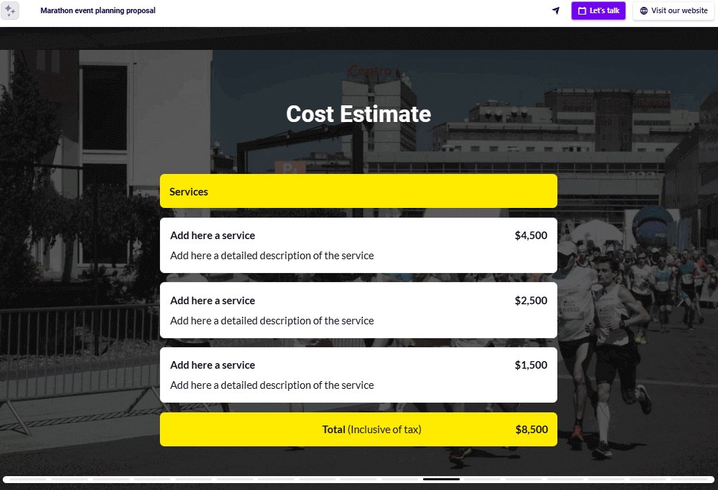 Sports event planning proposal budget slide example