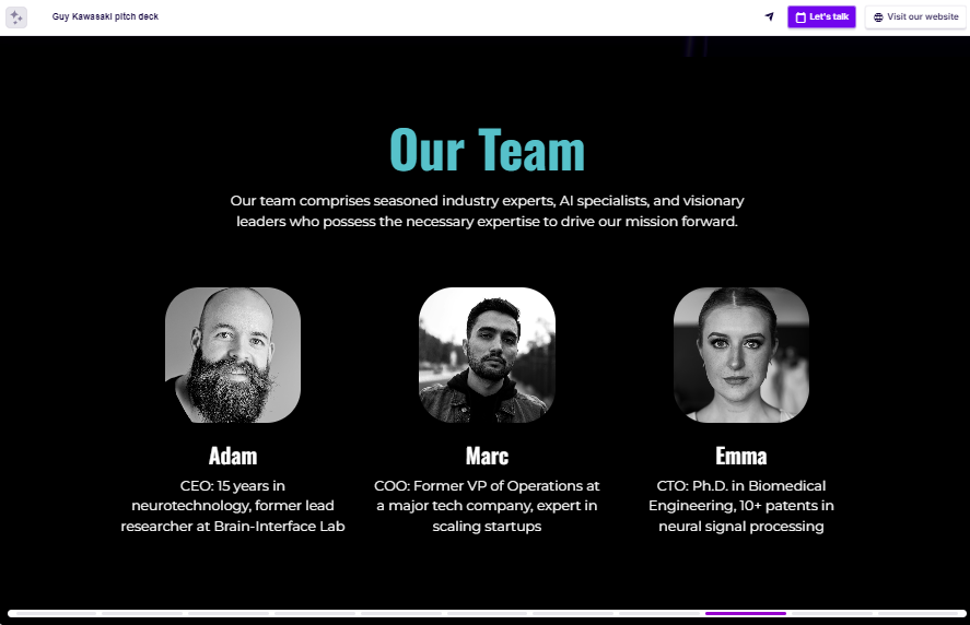 Guy Kawasaki pitch deck management team slide example