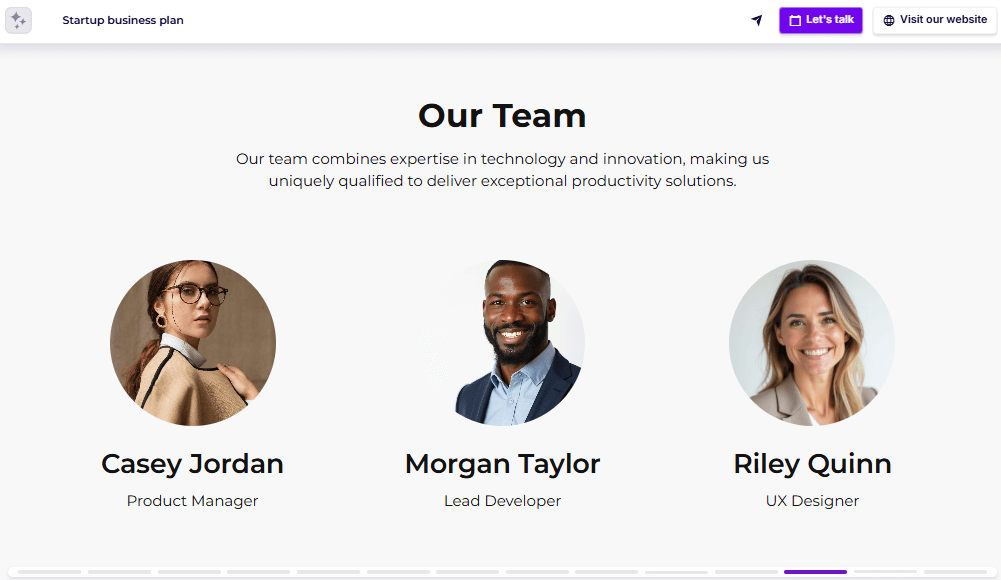 Business plan one-pager team slide example