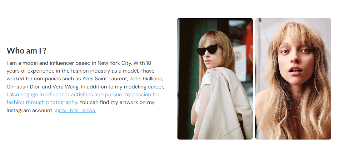 Influencer media kit short biography slide example