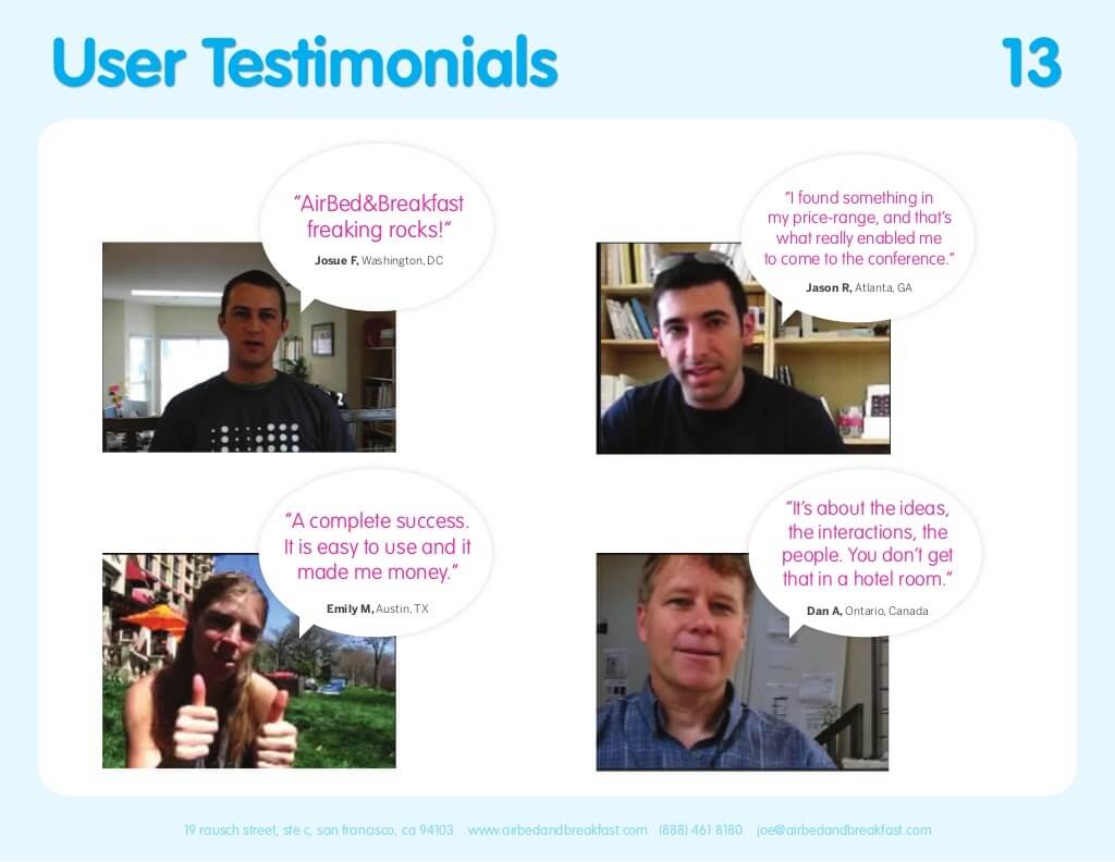 Original Airbnb pitch deck testimonials slide