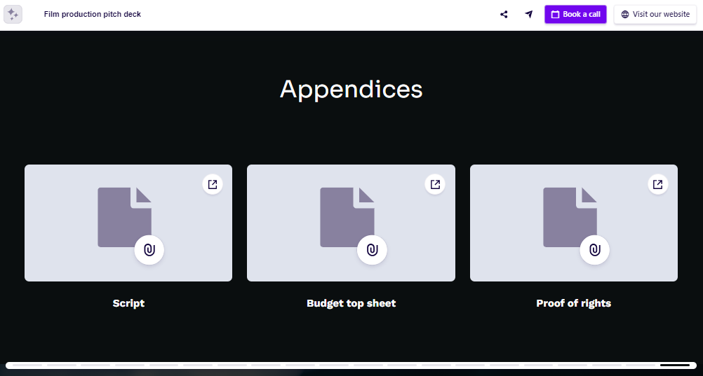 Film production pitch deck appendices slide example