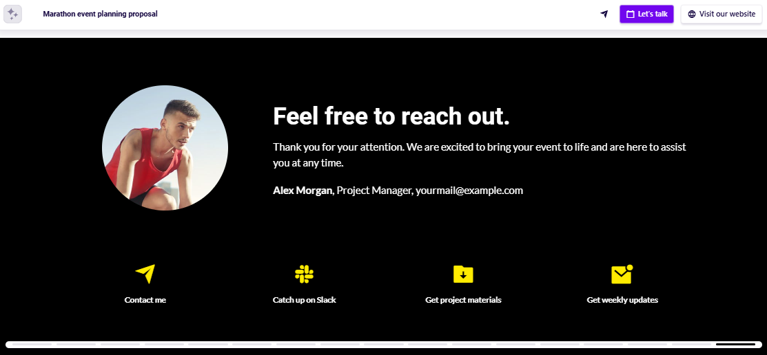 Sports event planning proposal contact slide example