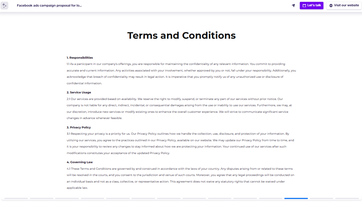 Facebook ad proposal terms and conditions slide example