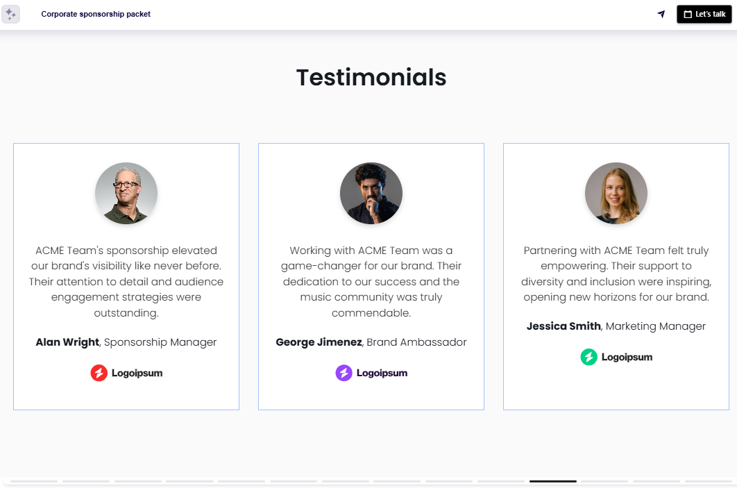 Event sponsorship package testimonials slide example