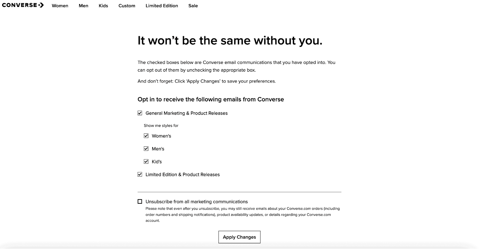 Converse unsubscribe landing page