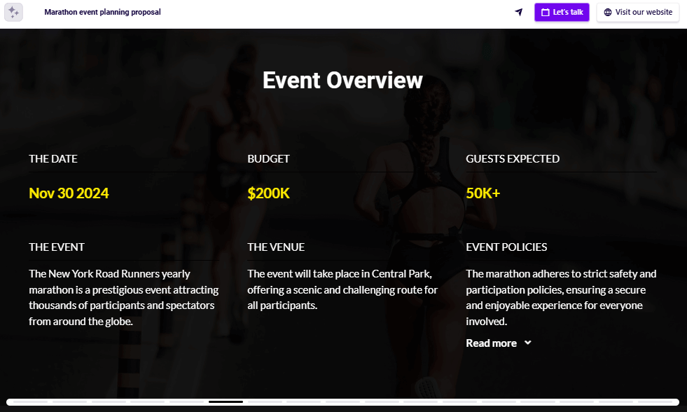 Sports event planning proposal event overview slide example