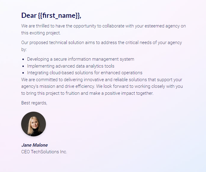 RFP response cover letter slide example