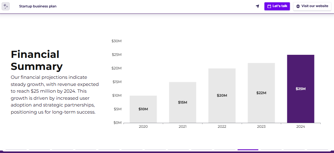 Business plan one-pager financial summary slide example