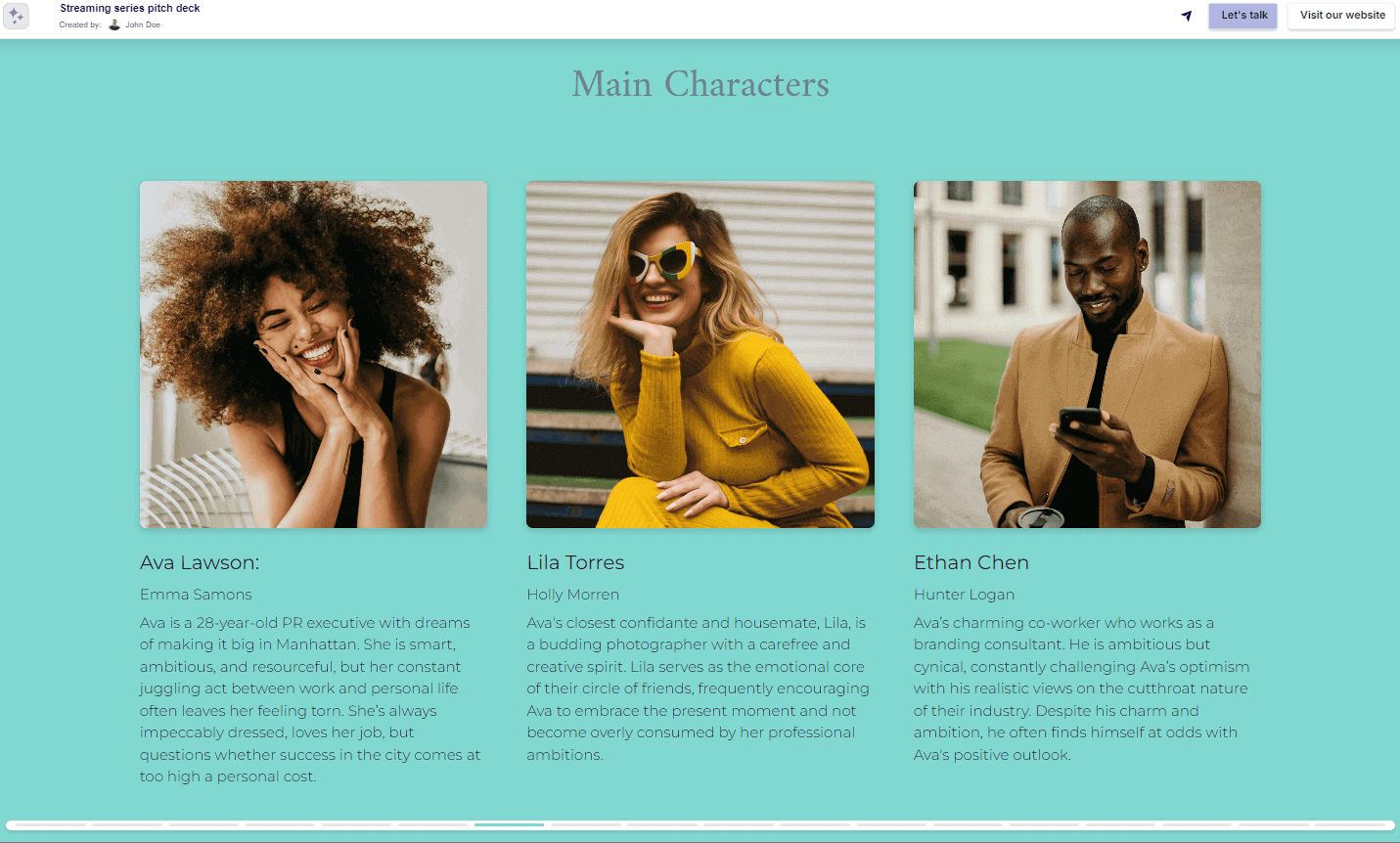TV show pitch deck main characters slide example