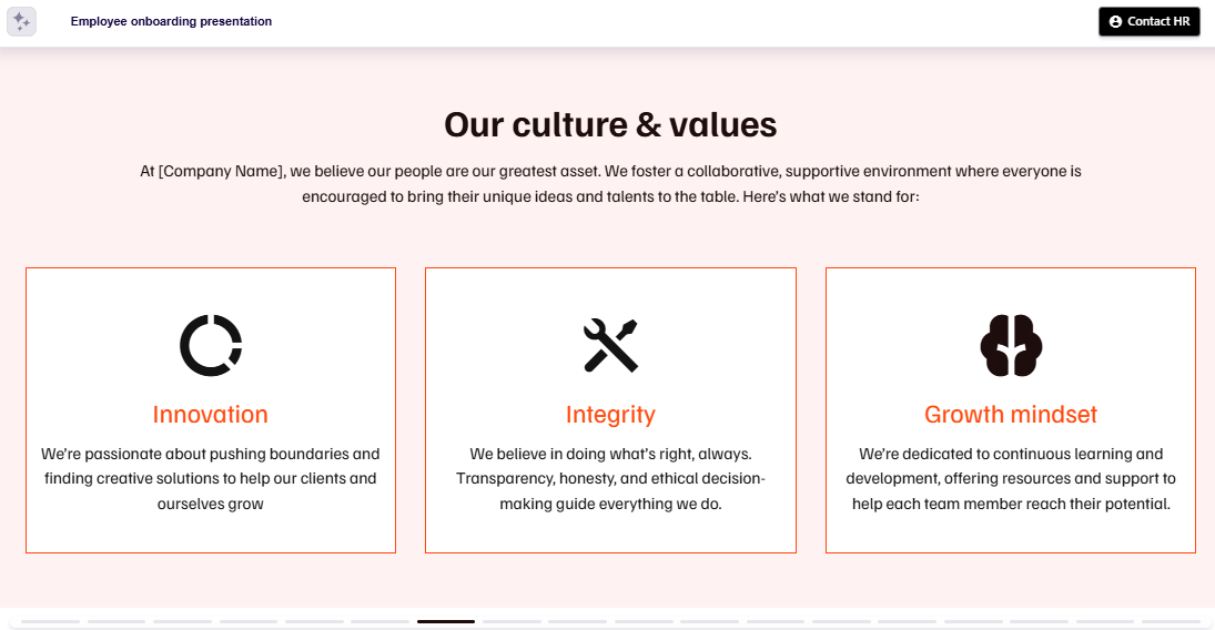 Employee onboarding presentation company culture and values slide example