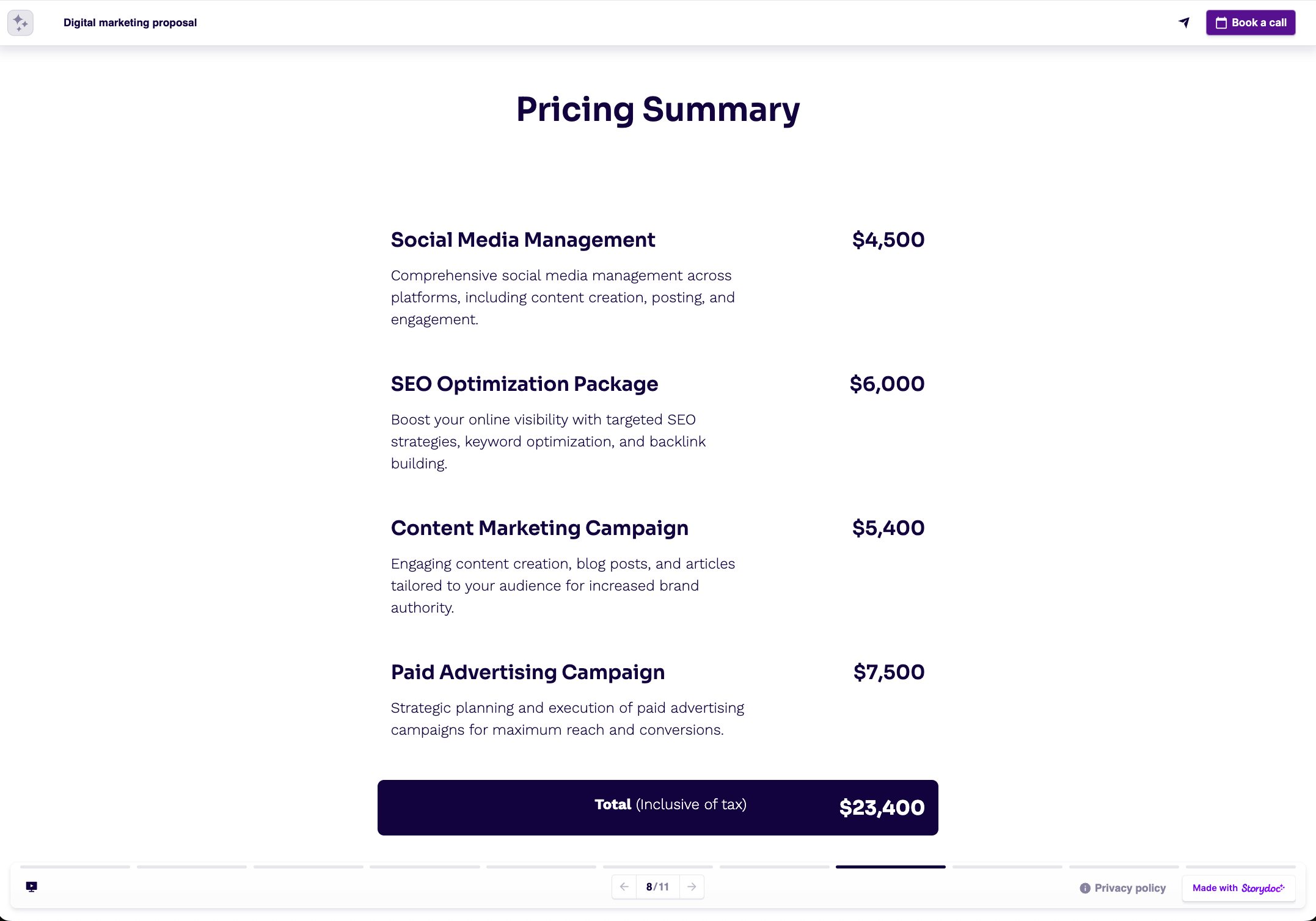 Marketing proposal pricing slide