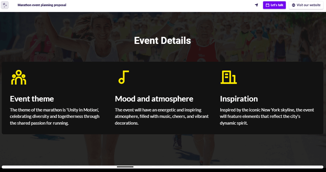 Sports event planning proposal event details slide example